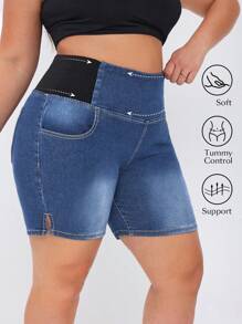 Flexra Quần short denim bó sát cỡ lớn dành cho nữ có túi - Rửa trung bình - Xem 1