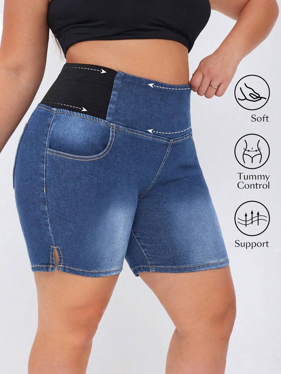 Flexra Quần short denim bó sát cỡ lớn dành cho nữ có túi - Rửa trung bình - Xem 1