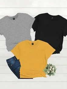 SHEIN LUNE 纯色圆领短袖女式 T 恤夏季 T 恤 - 彩色 - 查看 3
