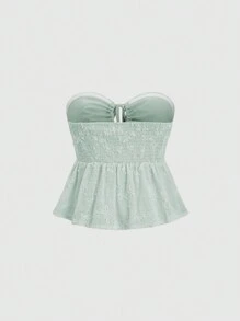 Sweetra Ladies' Summer Floral Dark Pattern Bandeau Top With Ruffle Hem And Front Tie - Green - View 2