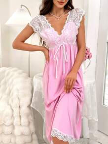 女款性感深V領蕾絲拼接前扣睡衣連衣裙 - 粉色 - 查看 1