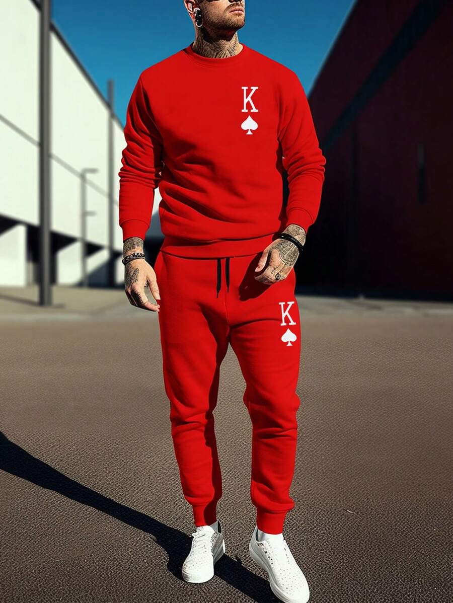 Manfinity Homme Men's Plus Size Casual Printed Sweatshirt And Sweatpants Set - Red - View 1