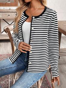 Chiquease Women's Casual Striped Jacket, Long Sleeve, French Style, Daily Wear And Commuting