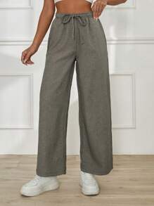 EURMUSE Women's Solid Color Casual Drawstring High Waist Straight Pants - Khaki - View 1