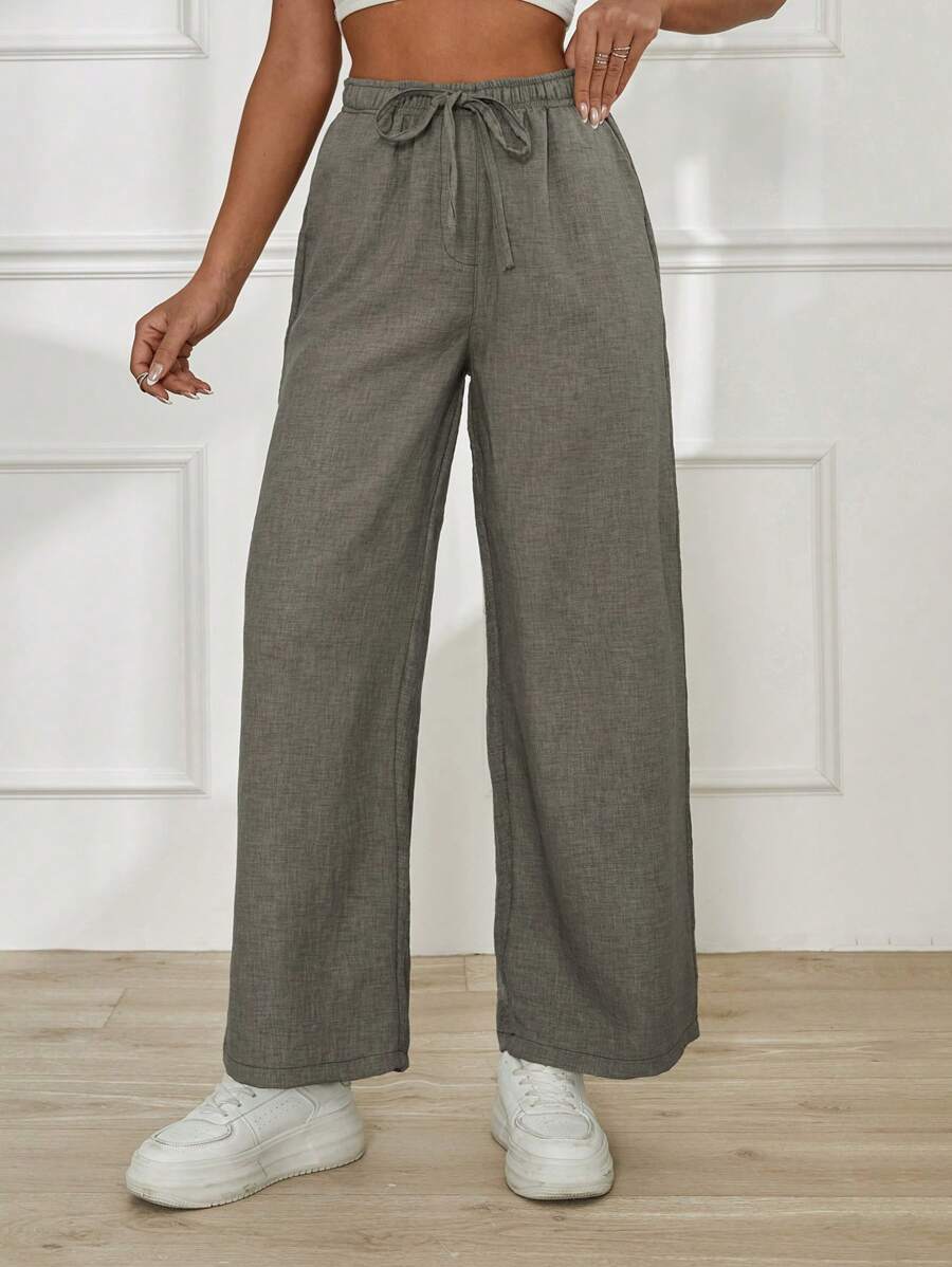 EURMUSE Women's Solid Color Casual Drawstring High Waist Straight Pants - Khaki - View 1