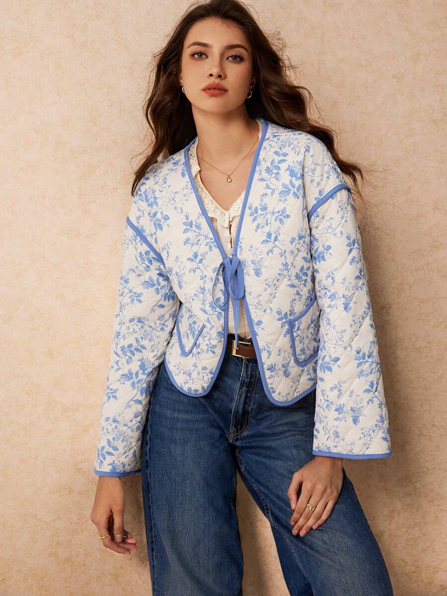 Poéselle 女士印花系带休闲长袖羽绒服，蓬松绗缝外套，波西米亚田园风，秋冬外套 - 藍色 - 查看 1