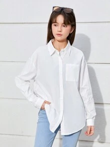 SHEIN Leap Crew Teen Girls Drop Shoulder Button Front Shirt - White - View 3