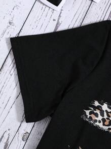 SHEIN Tween Girls Denim Effect Love Leopard Pattern Black T-Shirt Blue Denim Shorts 2 Pieces Set - Multicolor - View 3