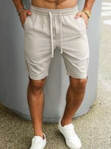 Manfinity Homme Men's Solid Color Drawstring Waist Pockets Casual Shorts - Apricot - View 4