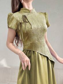 Modelyn فستان سهرة طويل أنيق للنساء، بطبعات جاكار صيفي، طبقات ياقة عالية وأكمام بتلة