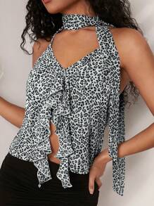Opulessa Women's Leopard Print Ruffle Neck Halter Top For Vacation - Multicolor - View 4