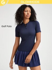 GLOWMODE Game On Stand Collar Mid-Length Sleeve Tee With Mesh Panel Tennis Golf Gym - Navy Blue - View 1