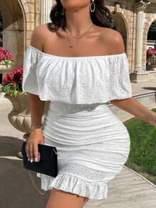 SHEIN Clasi Plus Off Shoulder Ruffle Trim Ruched Schiffy Bodycon Dress - White - View 1