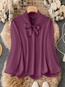 SHEIN Clasi 大码女式优雅春夏结领长袖通勤衬衫衬衫优雅酒红色衬衫女式衬衫长袖优雅女式上衣 - 紫色 - 查看 1