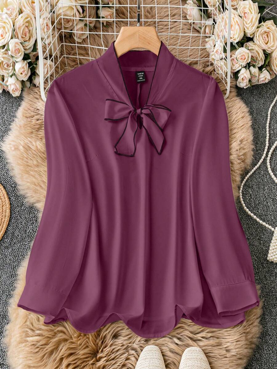 SHEIN Clasi 大码女式优雅春夏结领长袖通勤衬衫衬衫优雅酒红色衬衫女式衬衫长袖优雅女式上衣 - 紫色 - 查看 1
