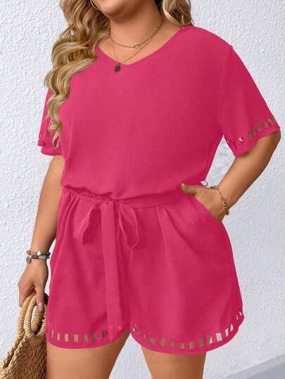 SHEIN LUNE 大尺碼露背短袖連體褲，適用於度假和休閒穿著