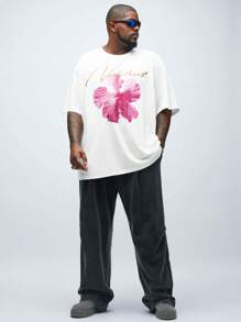 Manfinity VCAY Áo thun nam tay ngắn cổ tròn có kích thước lớn đan hoa in hình dáng rộng, cổ tròn, thích hợp cho trang phục hàng ngày vào mùa hè - trắng - Xem 5