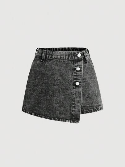SHEIN Girlism Tween 女童纯色水洗 Y2k 风格不对称带扣设计牛仔短裙，适合暑假穿着，女童夏装返校街头装