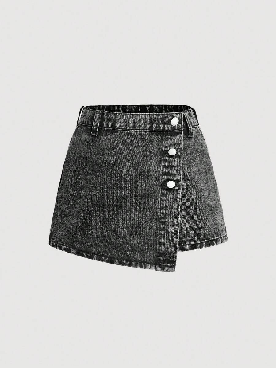 SHEIN Girlism 少女纯色水洗 Y2K 风格不对称搭扣设计牛仔短裙，适合夏季度假、返校季和街头穿着 - 黑色 - 查看 1