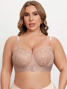Plus Size Lace Splicing Bra With Underwire, 1pc Lingerie - Apricot - View 5