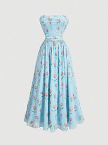 SHEIN MOD Vestido largo con estampado floral de tulipanes azul y rosa, soñador, plisado, para brunch, cumpleaños, vestido de fiesta/noche - Azul - Ver 1
