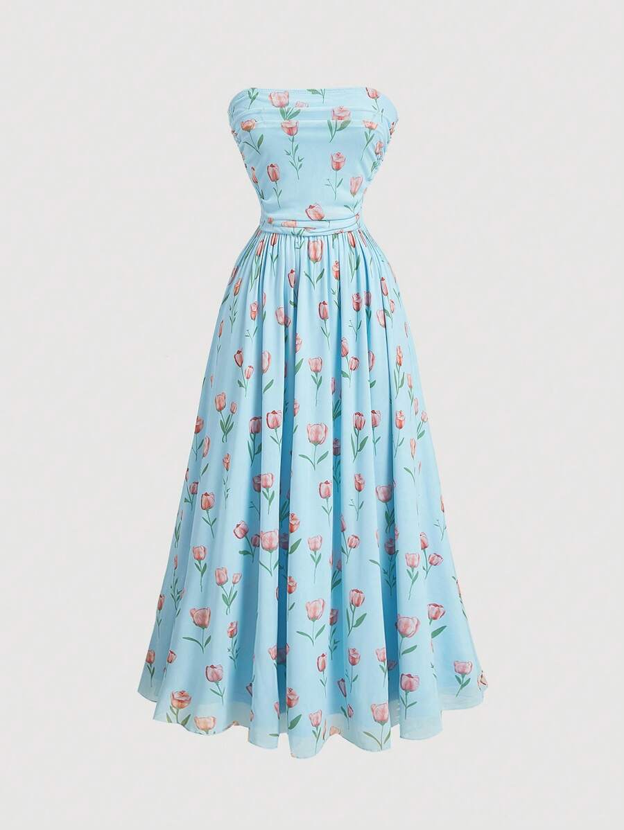 SHEIN MOD Vestido largo con estampado floral de tulipanes azul y rosa, soñador, plisado, para brunch, cumpleaños, vestido de fiesta/noche - Azul - Ver 1