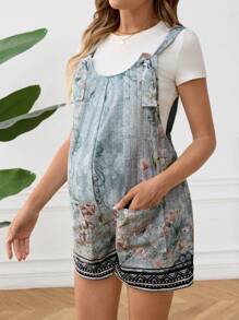 SHEIN Bộ đồ liền thân in hoa cổ điển mùa hè dành cho bà bầu có dây đeo vai có thể điều chỉnh - Màu xanh bụi bặm - Xem 4