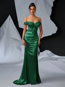 Glamrae Elegant, Gorgeous And Sexy Off-Shoulder Dress With Shiny Satin Decoration Cup, Boning And Fishtail Ruched Slit Dress For Formal Occasions And Evening Parties Prom, Wedding Guest Gown, For Graduation, Dinner Party Dress - Dark Green - View 1