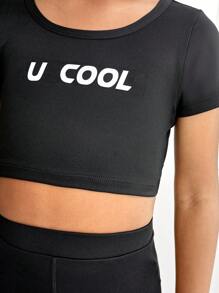 SHEIN Conjunto de treino diário para ioga e fitness para meninas, camiseta e shorts de manga curta com estampa de letras estilosas, elástico, agradável à pele, respirável, absorvente de suor, preto