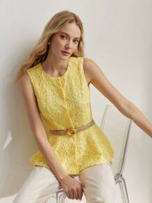 MOTF PREMIUM ÁO CỔ KHÔNG TAY PEPLUM NÚT CAO CẤP TRƯỚC - Màu vàng - Xem 6