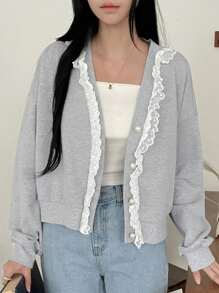 DAZY Women's Lace Decor Simple Daily Long Sleeve Jacket - Light Grey - View 7