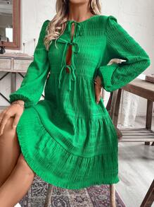 SHEIN Clasi 时尚休闲简约蝴蝶结纹理泡泡袖长袖迷你连衣裙 - 綠色 - 查看 4