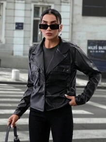 EURMUSE Black Crop Leather Jacket - Black - View 4