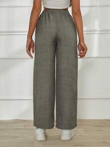 EURMUSE Women's Solid Color Casual Drawstring High Waist Straight Pants - Khaki - View 2