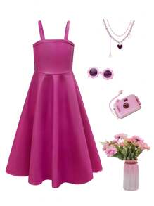 SHEIN Girls' Stretchy PU Leather Fashionable Strapless Dress, Autumn, Suitable For Kids' Birthday Party/ Gathering