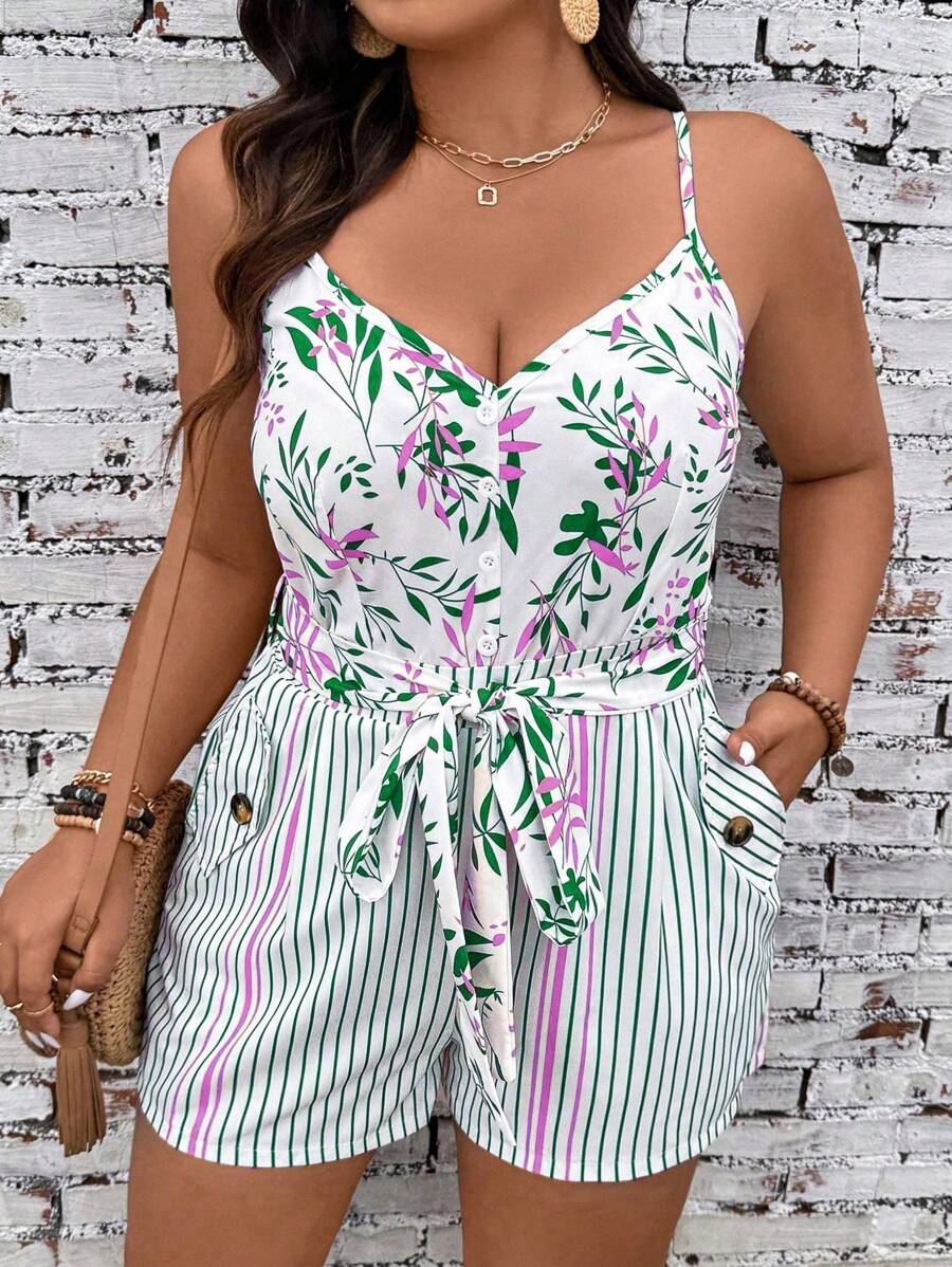 SHEIN Clasi 大尺碼度假休閒植物印花條紋細肩帶連身褲 - 彩色 - 查看 1
