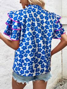 SHEIN LUNE Áo Sơ Mi Nữ Tay Ô Dù Họa Tiết Hoa Viền Ren (In Ngẫu Nhiên) - Màu xanh lam - Xem 2