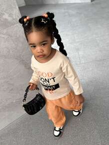 SHEIN 2pcs Baby Girls' Fun Slogan Long Sleeve T-Shirt And Workwear Pants Set, Daily Wear - Orange - View 3