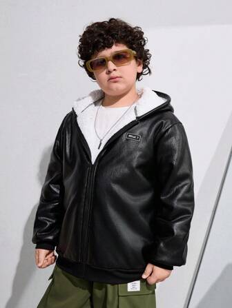 SHEIN Tween Boys Extended Size Hooded Fluffy PU Jacket, Autumn/Winter