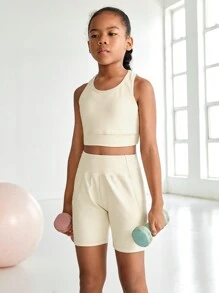 SHEIN Tween Girls Yoga Stretchy & Breathable Moisture Wicking Sleek Training Running Cycling Activewear Set, Beige - Khaki - View 6