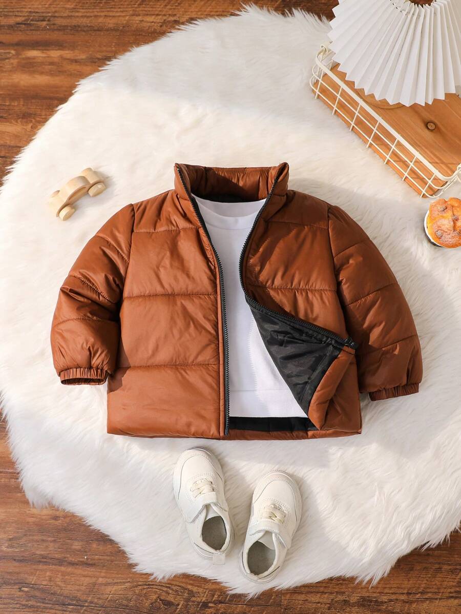 SHEIN 男寶寶女寶寶日常休閒保暖滑雪服厚領適合秋冬玩雪 - 咖啡棕 - 查看 1
