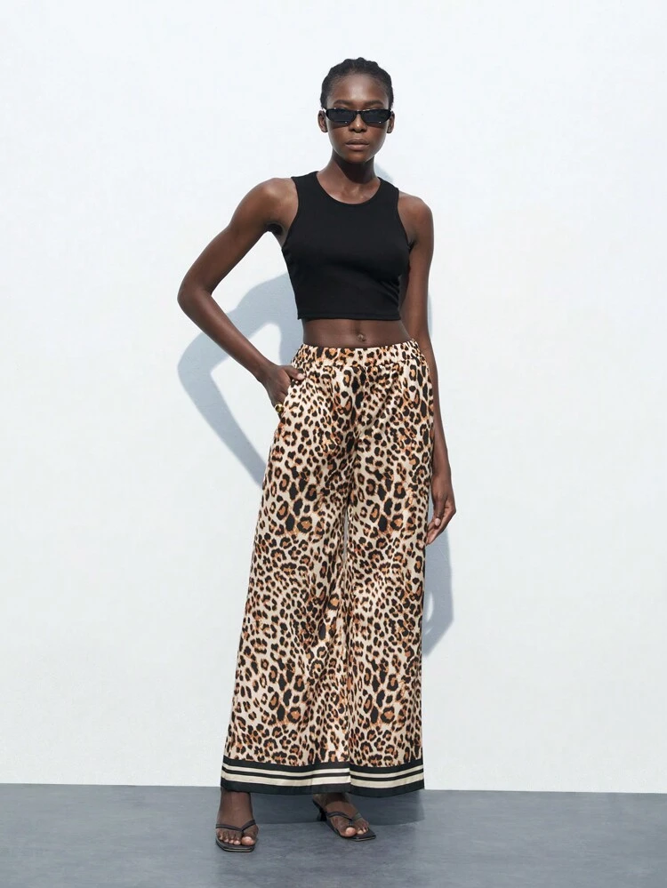 SHEIN Maija Women's Versatile Multi-Color Animal Print Patterns Casual Leopard And Stripe Print Pants For Relaxed And Modern Urban Style, Comfortable Loose Fit Pants