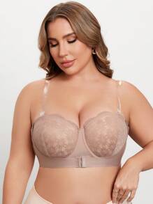 Plus Size Lace Splicing Bra With Underwire, 1pc Lingerie - Apricot - View 6