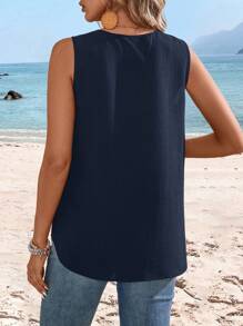 Sylviya 女性夏季純色圓領無袖寬鬆休閒襯衫 - 藏蓝色 - 查看 2