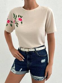 SHEIN Cottnline 帶花朵刺繡圓領T恤 - 米色 - 查看 3