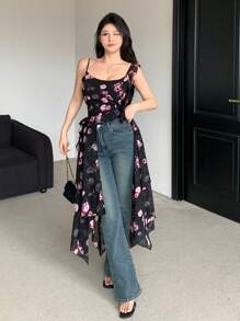 DAZY 女士全印花花卉背心裙 - 黑色 - 查看 2