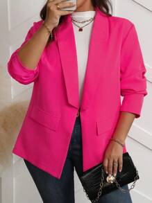SHEIN Unity Plus Size Solid Color Shawl Collar Casual Long Sleeve Blazer Graduation,Back To School,Teacher Outfits For Women - Hot Pink - View 5