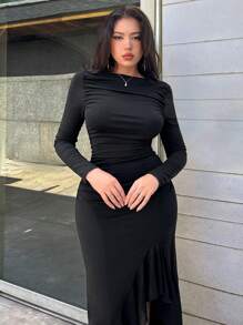Firerie 女士优雅黑色不对称荷叶边修身褶皱长裙、长袖长裙、秋季连衣裙、秋季服装、秋季女装、长款黑色连衣裙、不对称下摆连衣裙、荷叶边拼布连衣裙、黑色长袖、教师连衣裙、演唱会女装、适合日常、派对、返校季、婚礼季、演出服装 - 黑色 - 查看 6