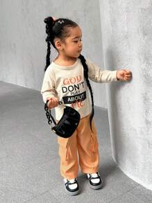 SHEIN 2pcs Baby Girls' Fun Slogan Long Sleeve T-Shirt And Workwear Pants Set, Daily Wear - Orange - View 1