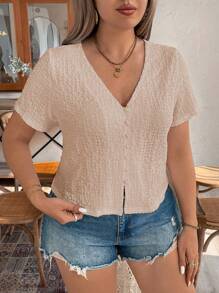 Calvaya Plus Size Women's Solid Color Simple Daily Short Sleeve Shirt - Dusty Pink - View 3